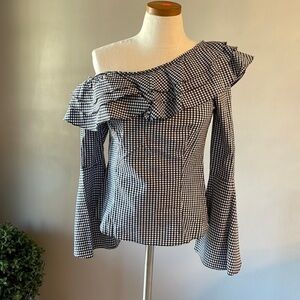 Revolve BLOUSE CHECKERED PATTERN ONE OFF SHOULDER RUFFLED SIZE LARGE 1644